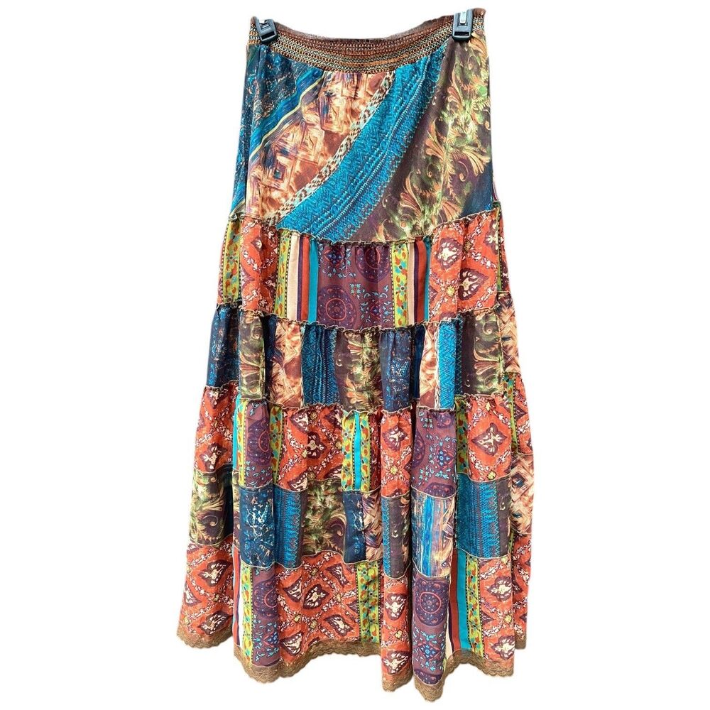 The Pyramid Collection Boho Patchwork Tiered Maxi Skirt M Lace Hem Lined